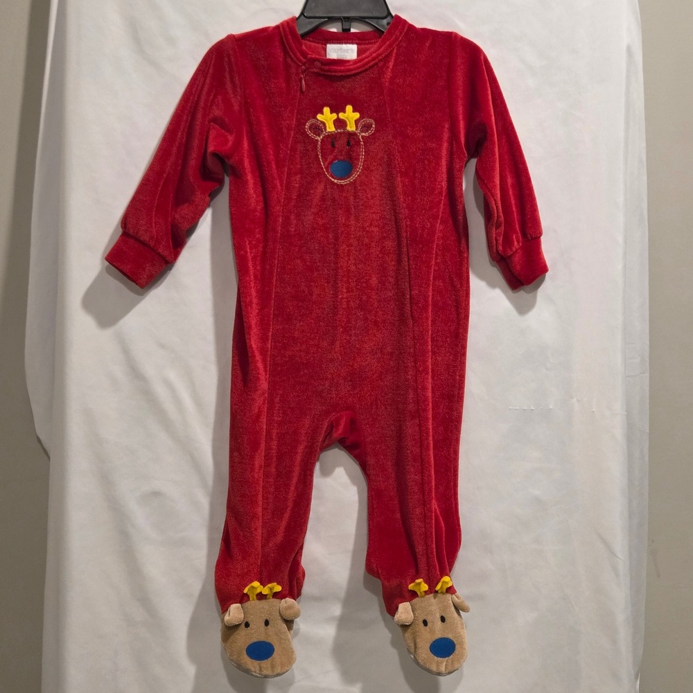 Vintage Carters Kids Reindeer Red Velour Footed Sleeper Pajamas Y2K 6-9 Months